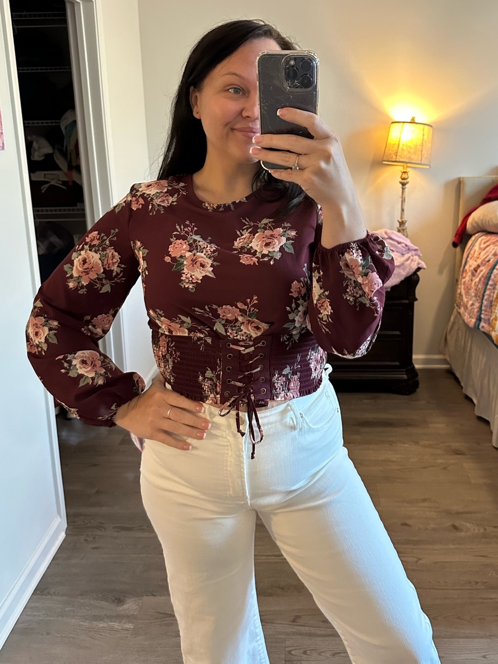 Xhilaration Burgundy Floral Lace-Up Corset Blouse NWT